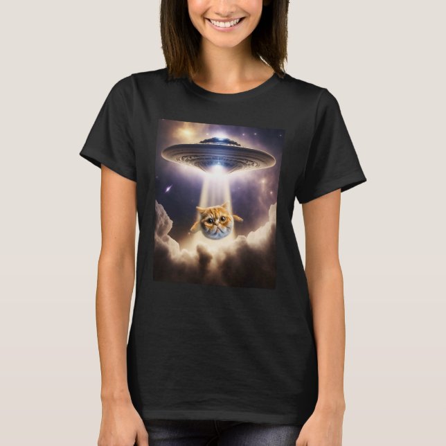 Orange Cat UFO Space Alien  Cute Kitten Beam Up T Shirt (Framsida)