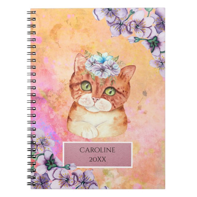 Orange Cat & Violet Flowers Girl's Daily Notes Anteckningsbok (Framsidan)