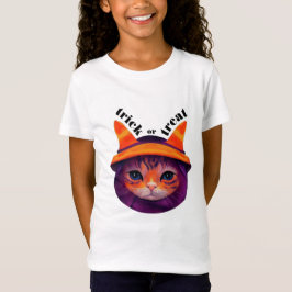 Orange Cat Witch Hat Bus eller godis Halloween T Shirt