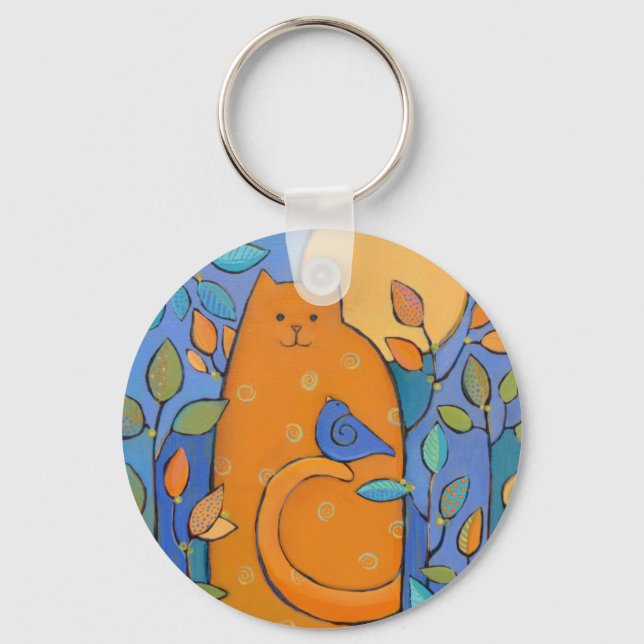 Orange Cat with Bird by Sue Davis Nyckelring (Framsida)