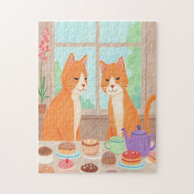 Orange Cats & Tea Party Jigsaw Puzzle Pussel (Vertikal)
