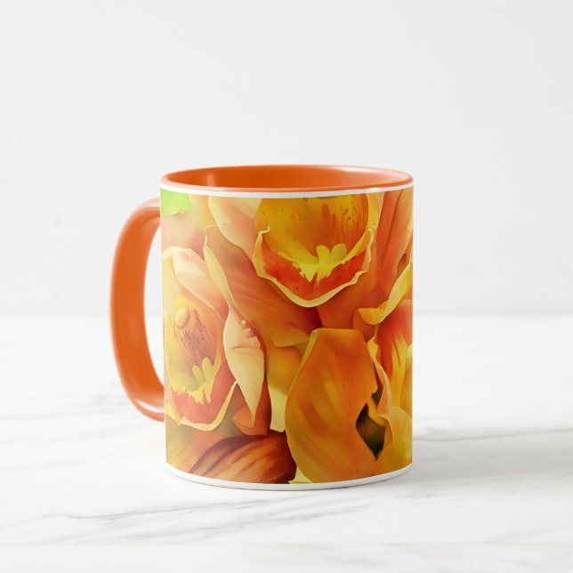 Orange Cattleya Orchid Flowers Blommigt Art Mugg K (Framsida vänster)