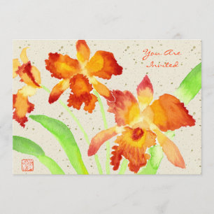 Orange Cattleya Orchids vattenfärgsfärgning Inbjudningar