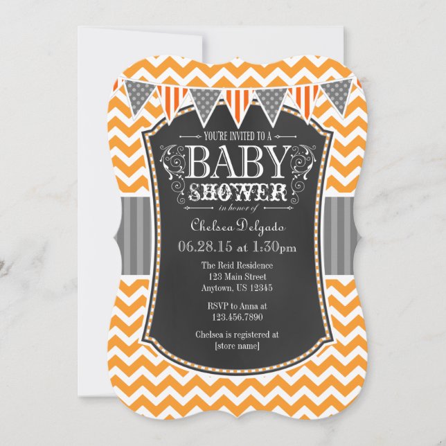 Orange Chalkboard Chevron Baby Shower Inbjudan (Framsida)