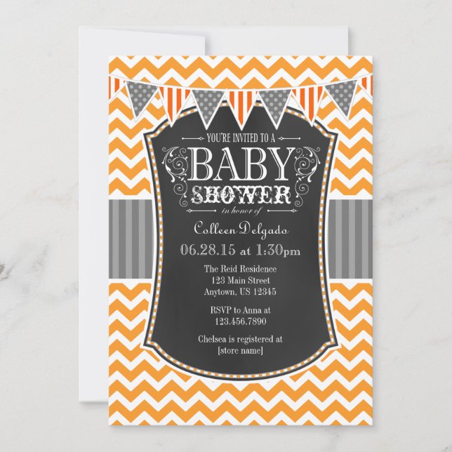 Orange Chalkboard Chevron Baby Shower Inbjudan (Framsida)