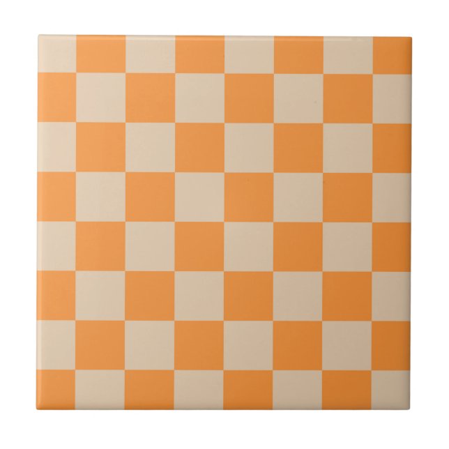 Orange Checkered Gingham Mönster Kakelplatta (Framsidan)