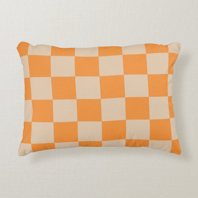 Orange Checkered Gingham Mönster Prydnadskudde (Framsidan)