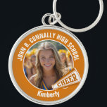 Orange Cheerwriter Photo High School Spirit Rund Silverfärgad Nyckelring<br><div class="desc">Den här coolan har skräddarsytt fotopresenten med högskoleledare med vit typografi av ditt team och namn på en nyckelkedja för orange med en snickare megafon. Anpassa dig med ditt student-foto och klassår som en stolt,  bekväm förälder. En underbar gåva till mamma eller pappa.</div>