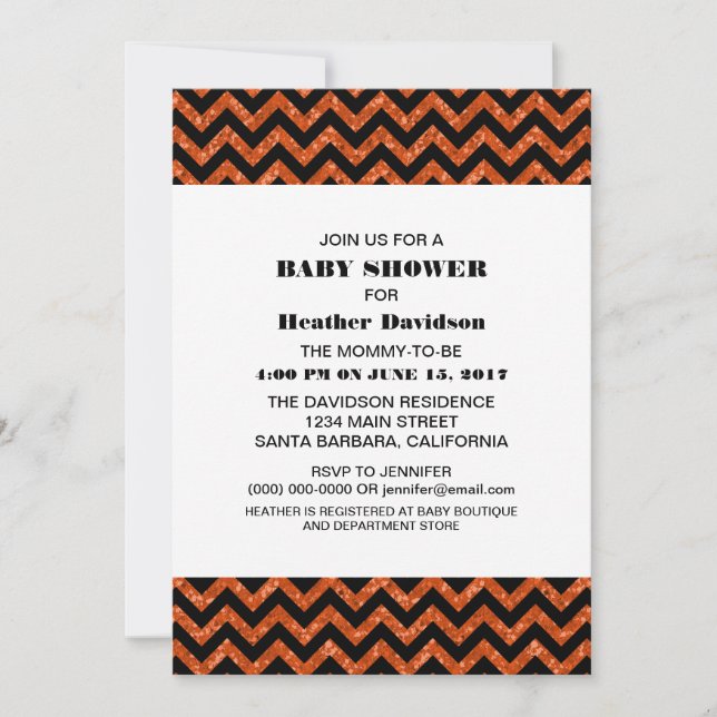 Orange Chevron Glitter Baby Shower Inbjudan (Framsida)