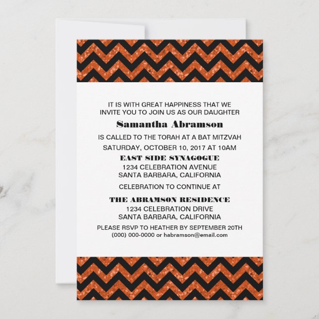 Orange Chevron Glitter Bat mitzvah Inbjudan (Framsida)