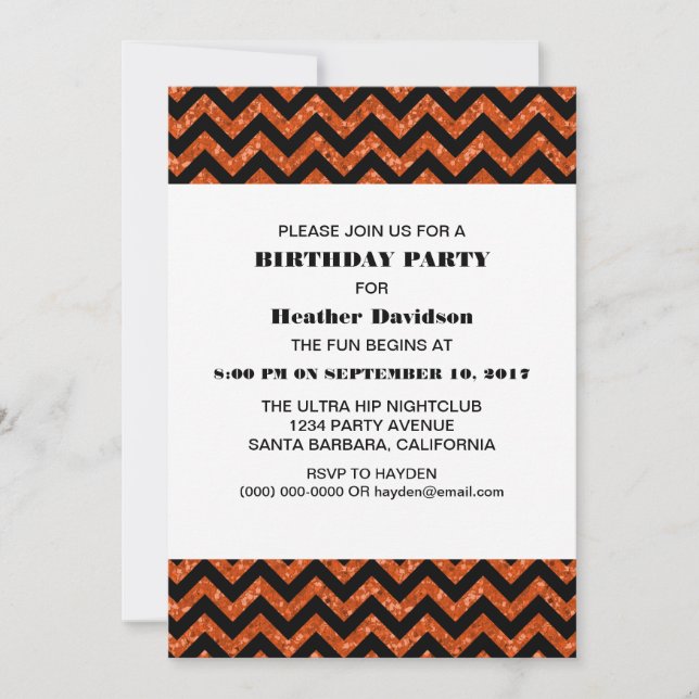 Orange Chevron Glitter Födelsedagsfest Inbjudan (Framsida)
