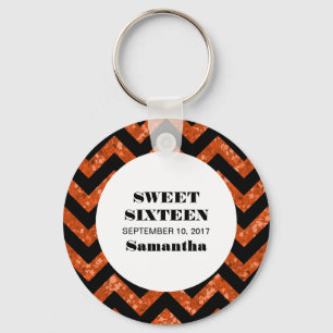 Orange Chevron Glitter Sweet 16 Keychain Nyckelring