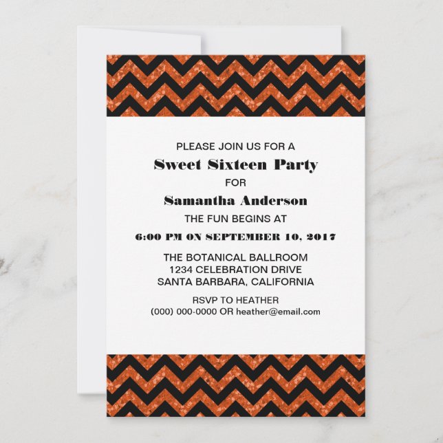 Orange Chevron Glitter Sweet 16 Party Inbjudan (Framsida)