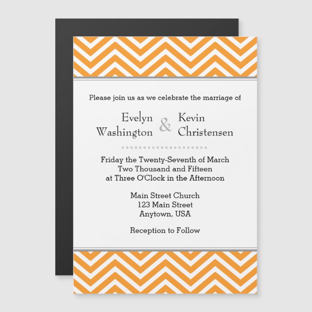 Orange Chevron Magnetic Wedding bjudande Magnetisk Inbjudningskort (Fram/baksida)