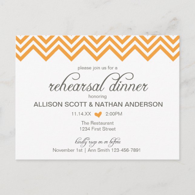 Orange Chevron Rehearsal Dinner Inbjudan Postcard Vykort (Framsida)