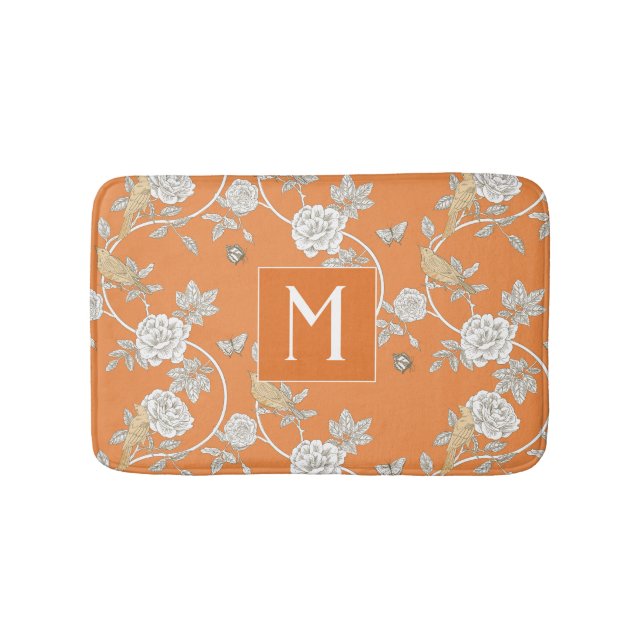 Orange Chinoiserie Blommigt Monogram Badrumsmatta (Framsidan)