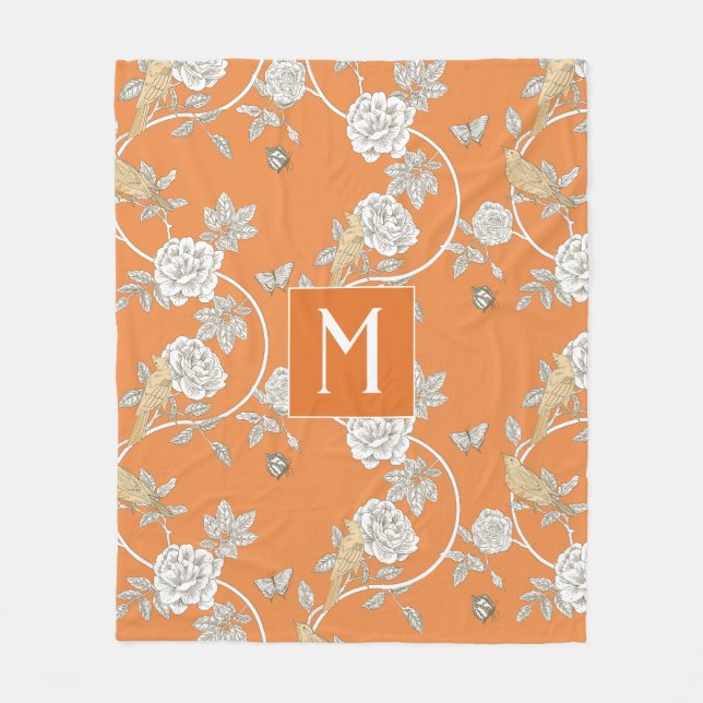 Orange Chinoiserie Blommigt Monogram Fleecefilt (Framsidan)