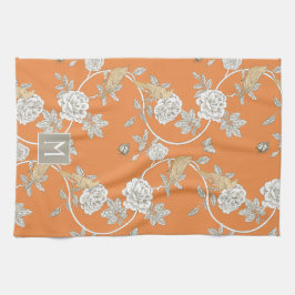 Orange Chinoiserie Blommigt Monogram Kökshandduk