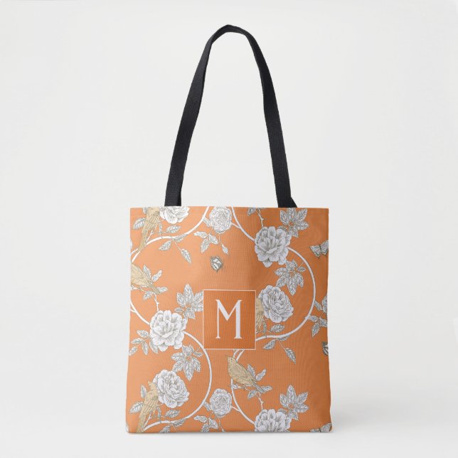 Orange Chinoiserie Blommigt Monogram Tygkasse (Framsida)