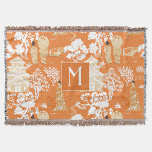 Orange Chinoiserie Pagodas Monogram Filt