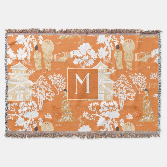Orange Chinoiserie Pagodas Monogram Filt (Framsidan)