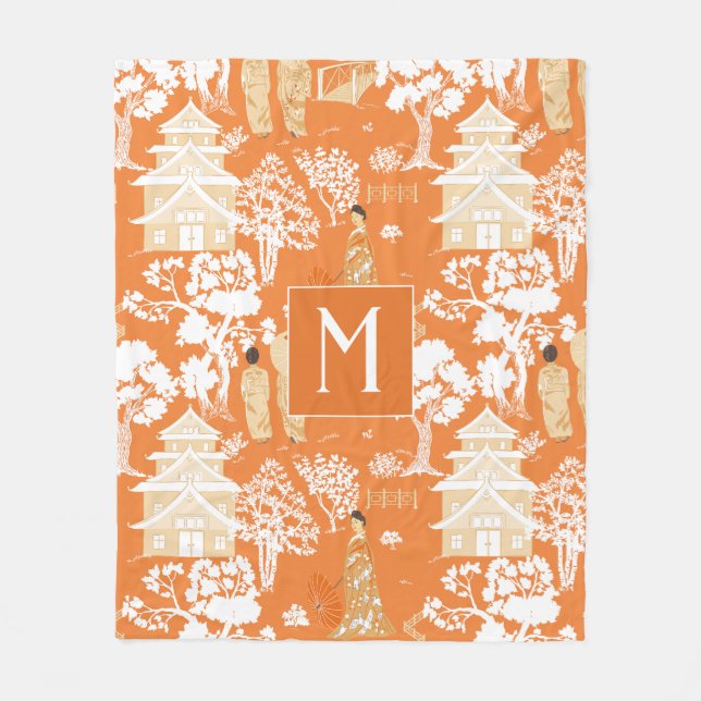 Orange Chinoiserie Pagodas Monogram Fleecefilt (Framsidan)