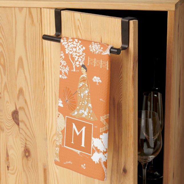 Orange Chinoiserie Pagodas Monogram Kökshandduk (Thirds Fold)