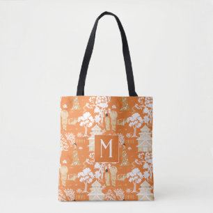 Orange Chinoiserie Pagodas Monogram Tygkasse