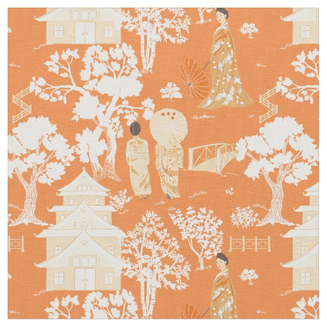 Orange Chinoiserie Pagodas Tyg (Närbild)