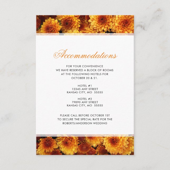 Orange Chrysanthemums bröllopsinbjudan Tilläggskort (Framsida)