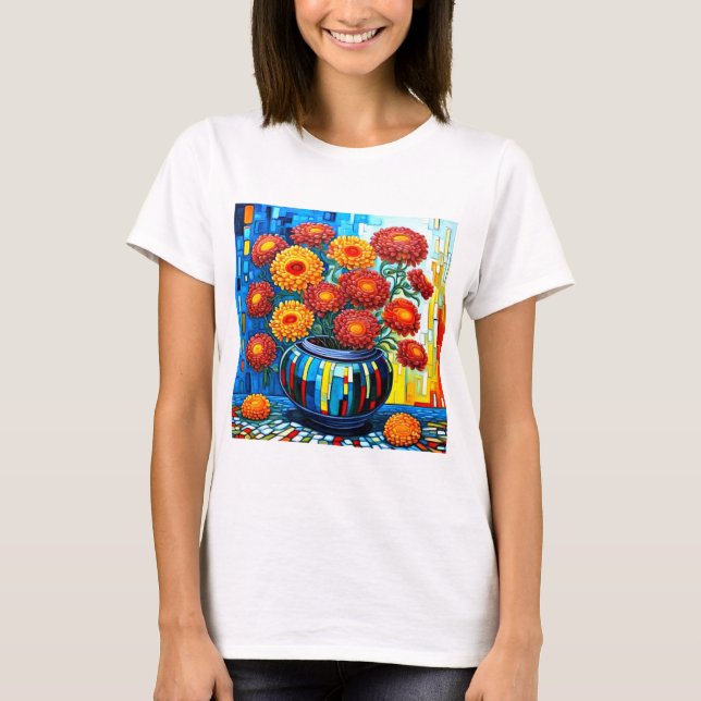 Orange Chrysanthemums i vas T Shirt (Framsida)