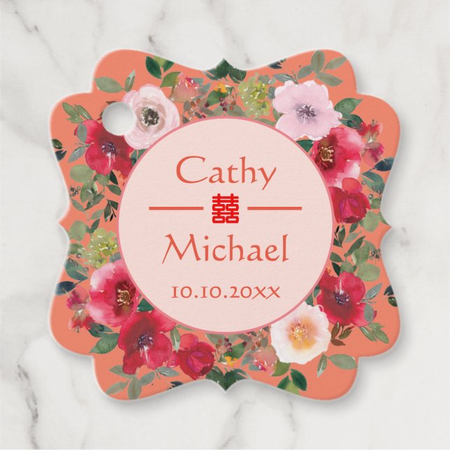 Orange Circle blommigt wandemodern China bröllop Gåvor Etiketter (Framsida)