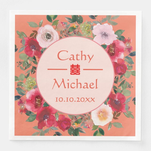 Orange Circle blommigt wandemodern China bröllop Pappersservett (Framsida)