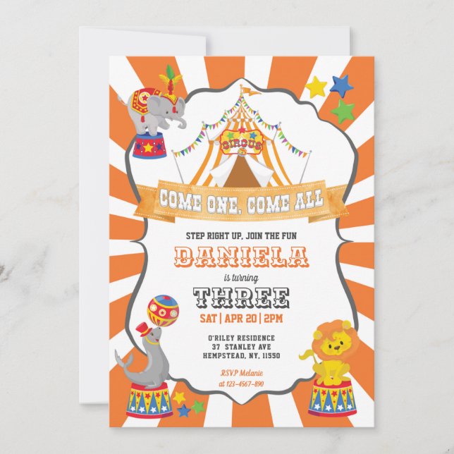 Orange Cirkus Cirkus Födelsedag Inbjudningar (Framsida)
