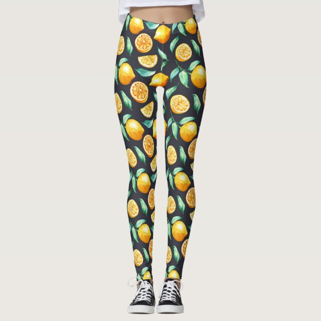 Orange Citroner Gröna blad Svarta Leggings (Framsida)