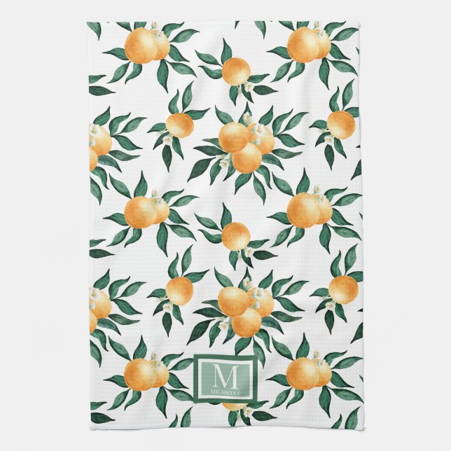Orange Citrus Akvarell Monogram Namn  Kökshandduk (Vertikal)