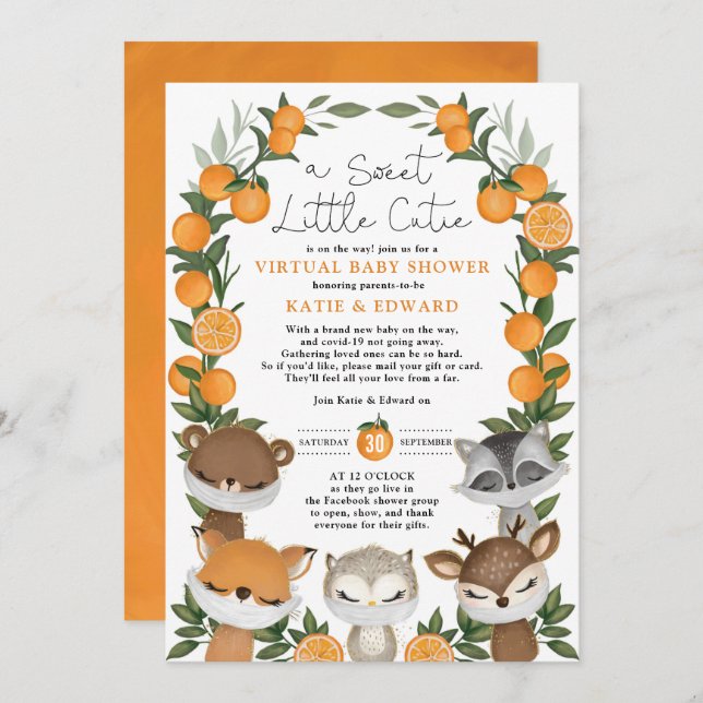Orange Citrus Forest Animals Virtuell Baby Shower Inbjudningar (Fram/baksida)