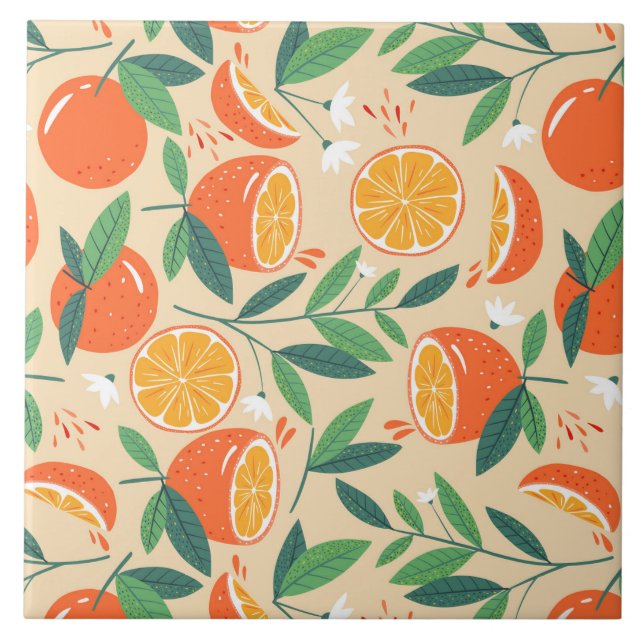 Orange Citrus Fruit Retro Mönster Kakelplatta (Framsidan)