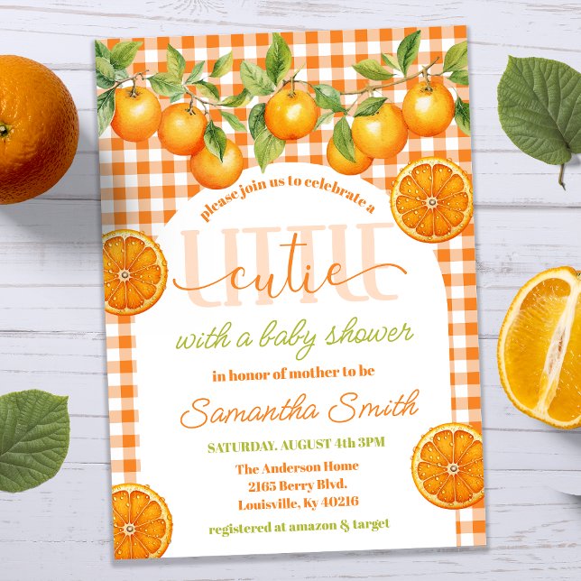 Orange Citrus Gingham Söt Liten Babyfirande Inbjudningar (Skapare uppladdad)