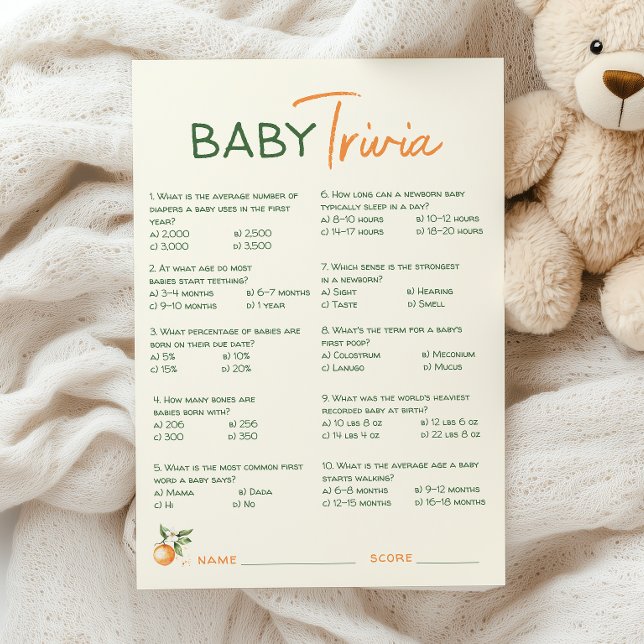 Orange Citrus Little Cutie Baby Shower Trivia-kort Inbjudningar (Skapare uppladdad)