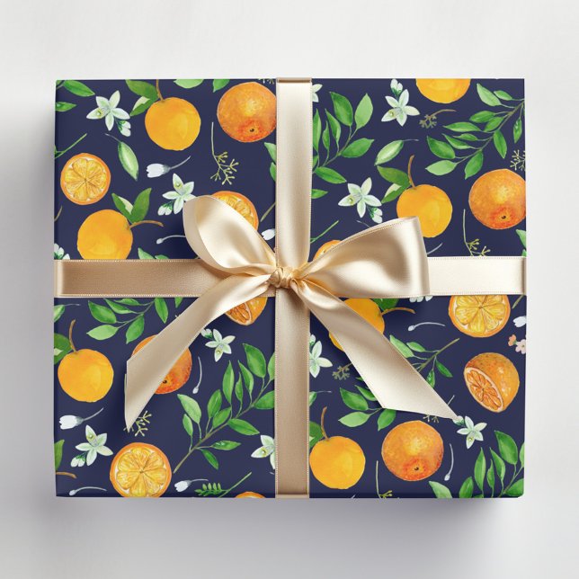 Orange Citrus Sommar Blommig Botanisk Mönster Presentpapper (In situ)