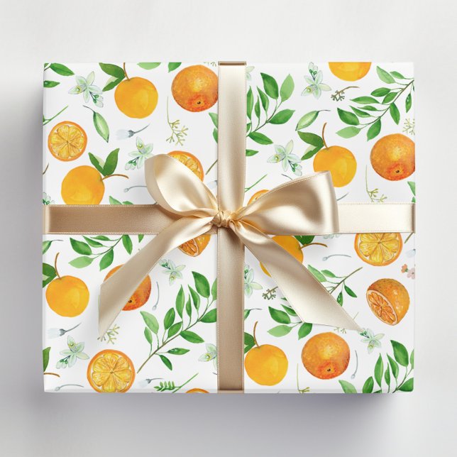 Orange Citrus Sommar Blommig Botanisk Mönster Presentpapper (In situ)
