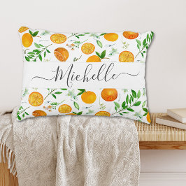 Orange Citrus Sommar Blommig Botanisk Mönster Prydnadskudde