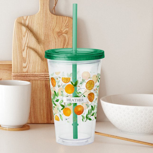 Orange Citrus Sommar Blommig Botanisk Mönster Take Away Mugg (In situ)