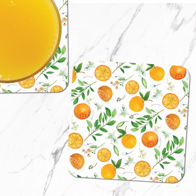 Orange Citrus Sommar Blommig Botanisk Mönster Underlägg Papper Kvadrat (In situ)