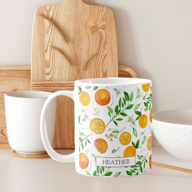 Orange Citrus Summer Blommigt Botanical Mönster Kaffemugg (In situ)