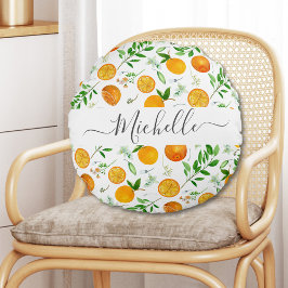 Orange Citrus Summer Blommigt Botanical Mönster Rund Kudde