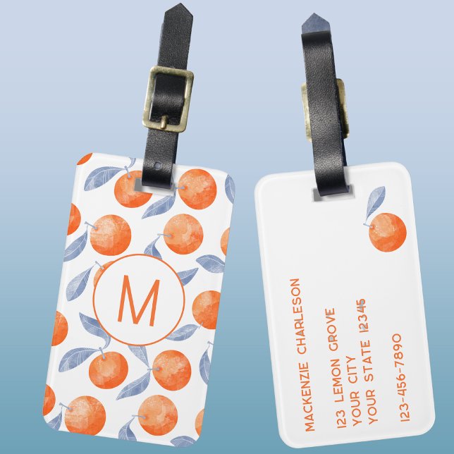 Orange Citrus Watercolor Monogram Mediterranean Bagagebricka (Mediterranean watercolor citrus orange fruit pattern monogram initial luggage tag)