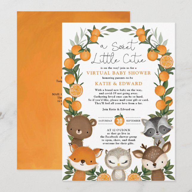 Orange Citrus Woodland Animals Virtuell Baby Showe Inbjudningar (Fram/baksida)