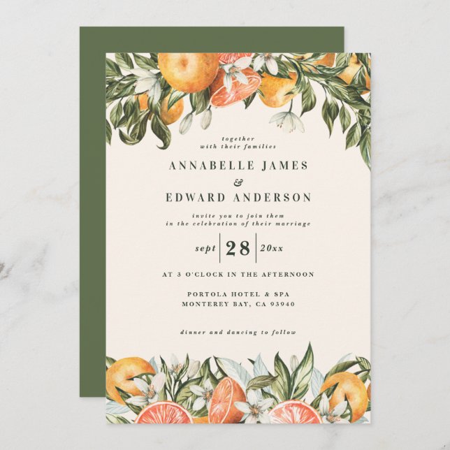 Orange citrusvattenfärg botaniskt modernt bröllop (Fram/baksida)